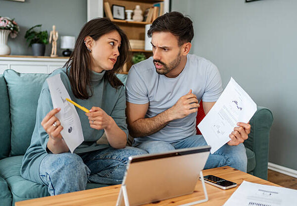 Young couple sitting on a sofa, examining financial documents and feeling worried as they discuss their financial situation and future